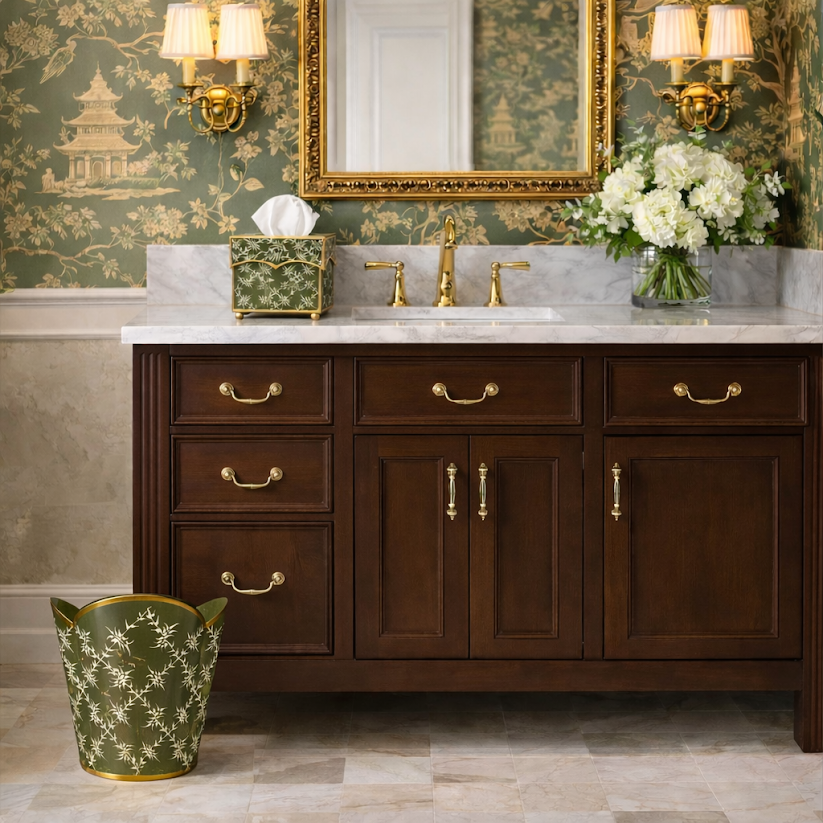 Moss Green Leaf Trellis Wastepaper Basket & Tissue Holder Set