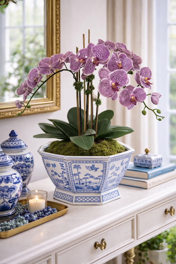 Mid Size Soft Blue Floral and Village Hexagon Planter