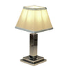 Rechargeable Table Lamp – Silver Square Base, Blue Trim Pleated Shade
