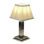 Rechargeable Table Lamp – Silver Square Base, Blue Trim Pleated Shade
