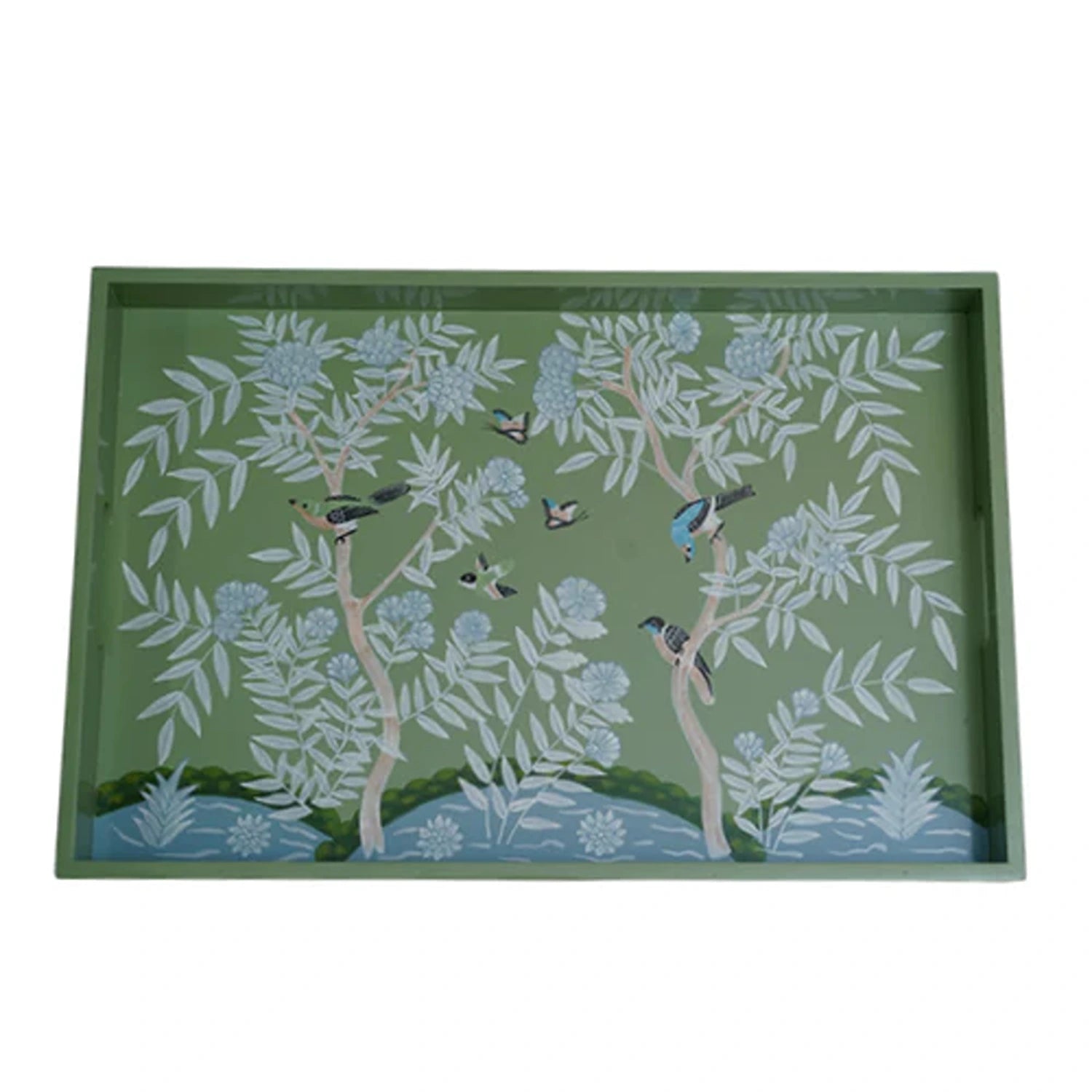 Green Color Chinoiserie Wood Breakfast Tray