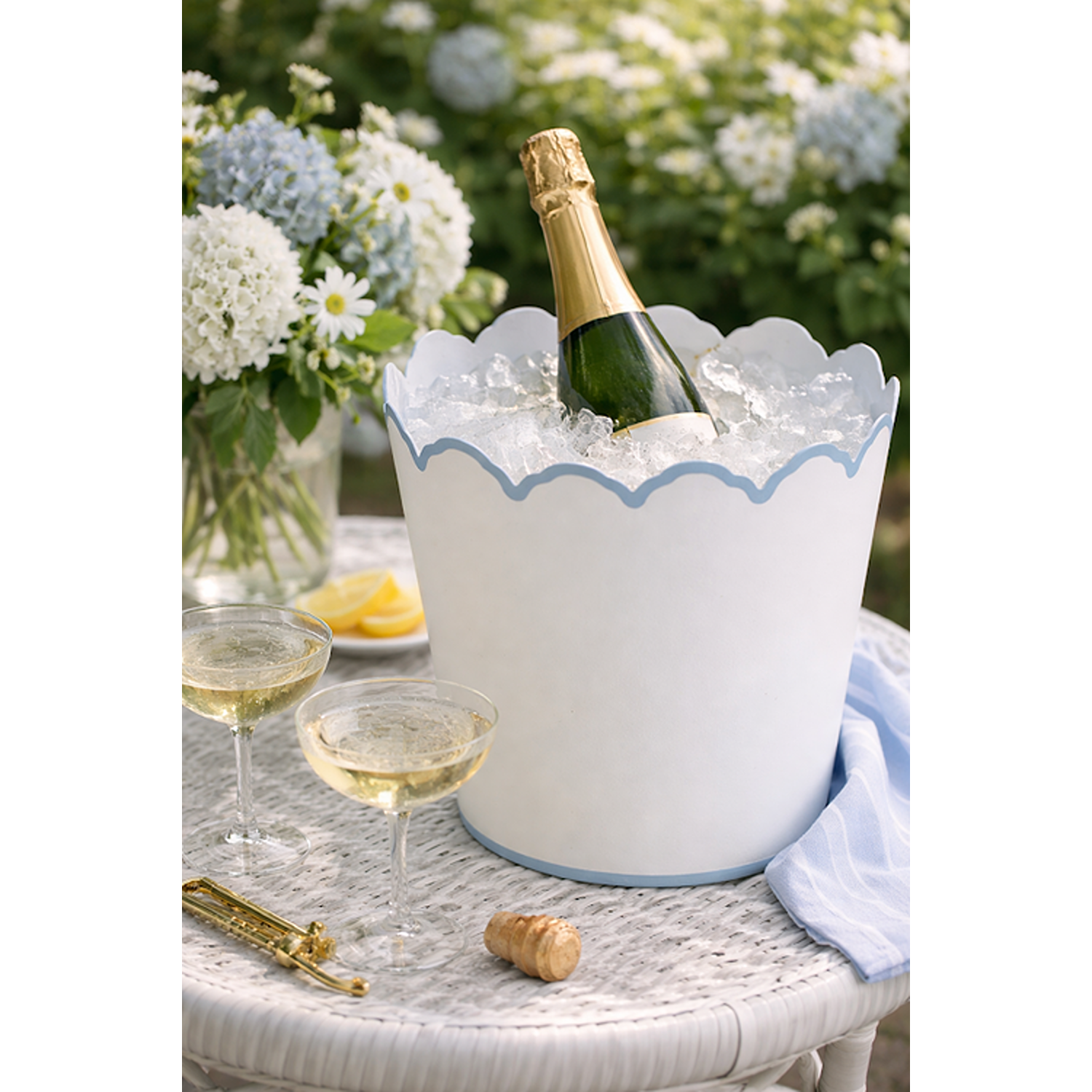 White & Pale Blue Scalloped Bucket Wastepaper Basket & Planters (4 Options)