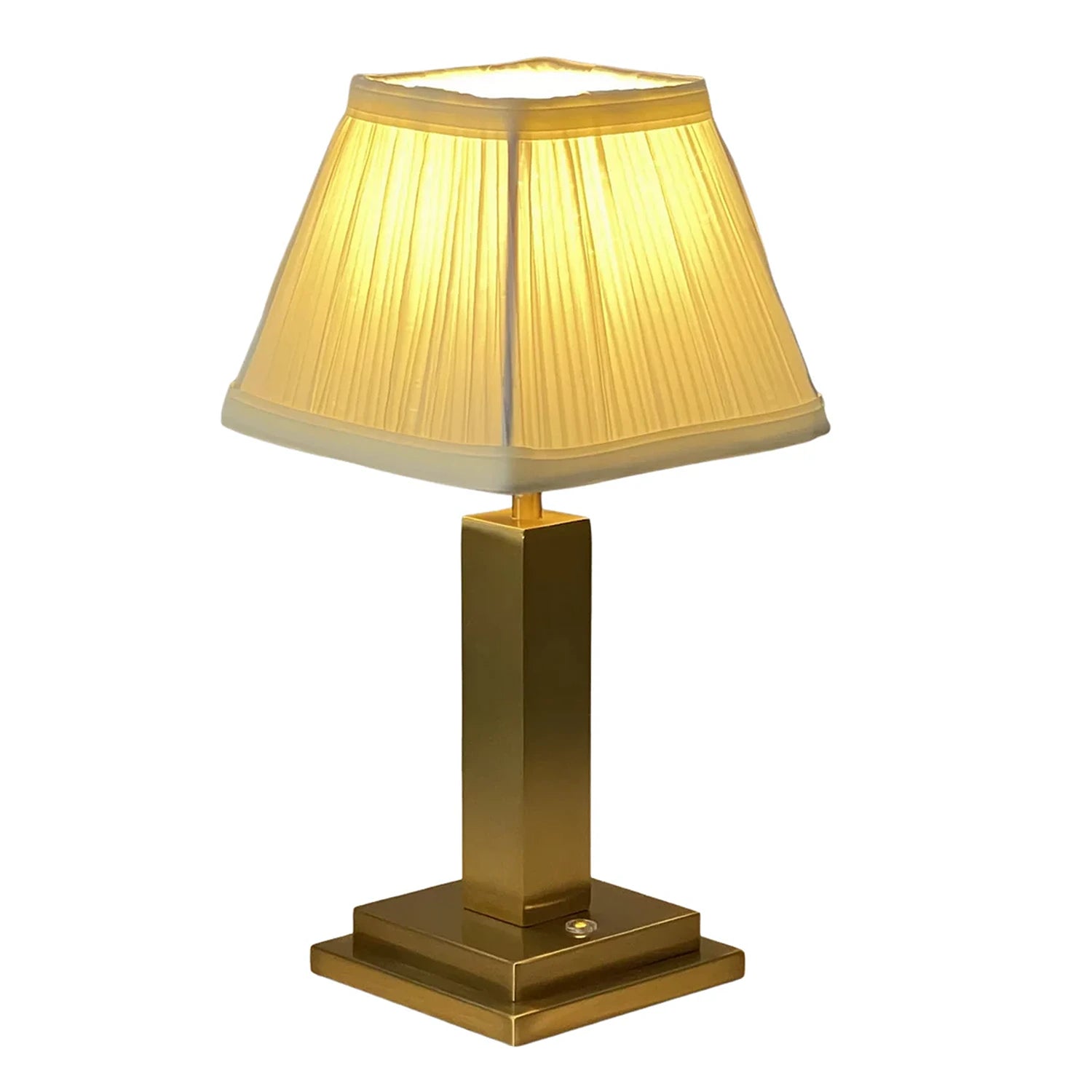 Rechargeable Table Lamp – Gold Square Base, Ivory Pleated Shade