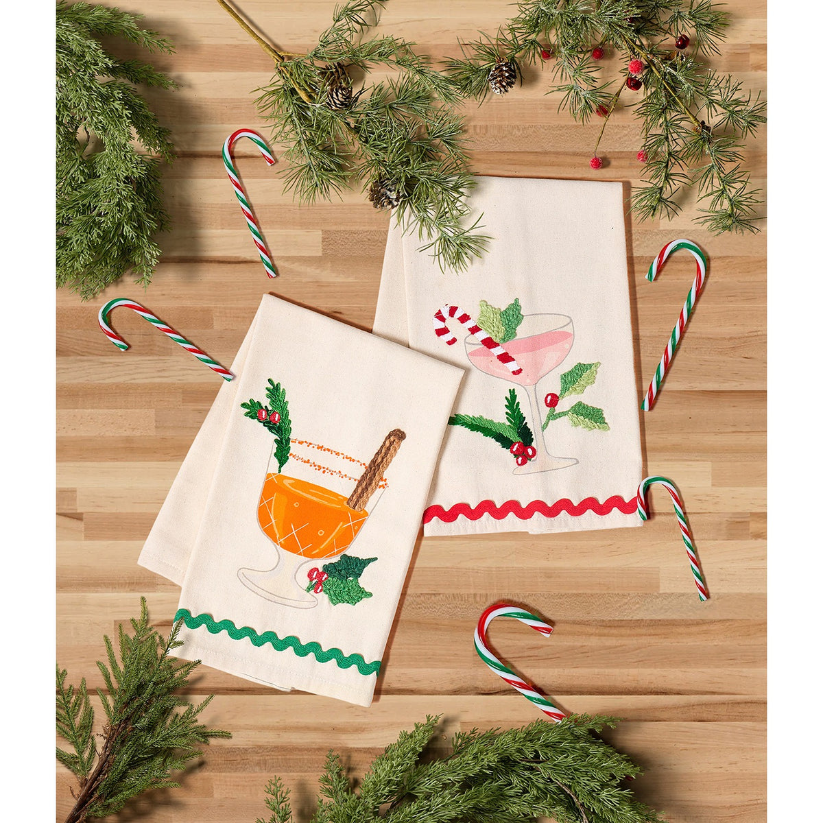 Holiday Cocktail Kitchen Towels in Pink, Set of 4