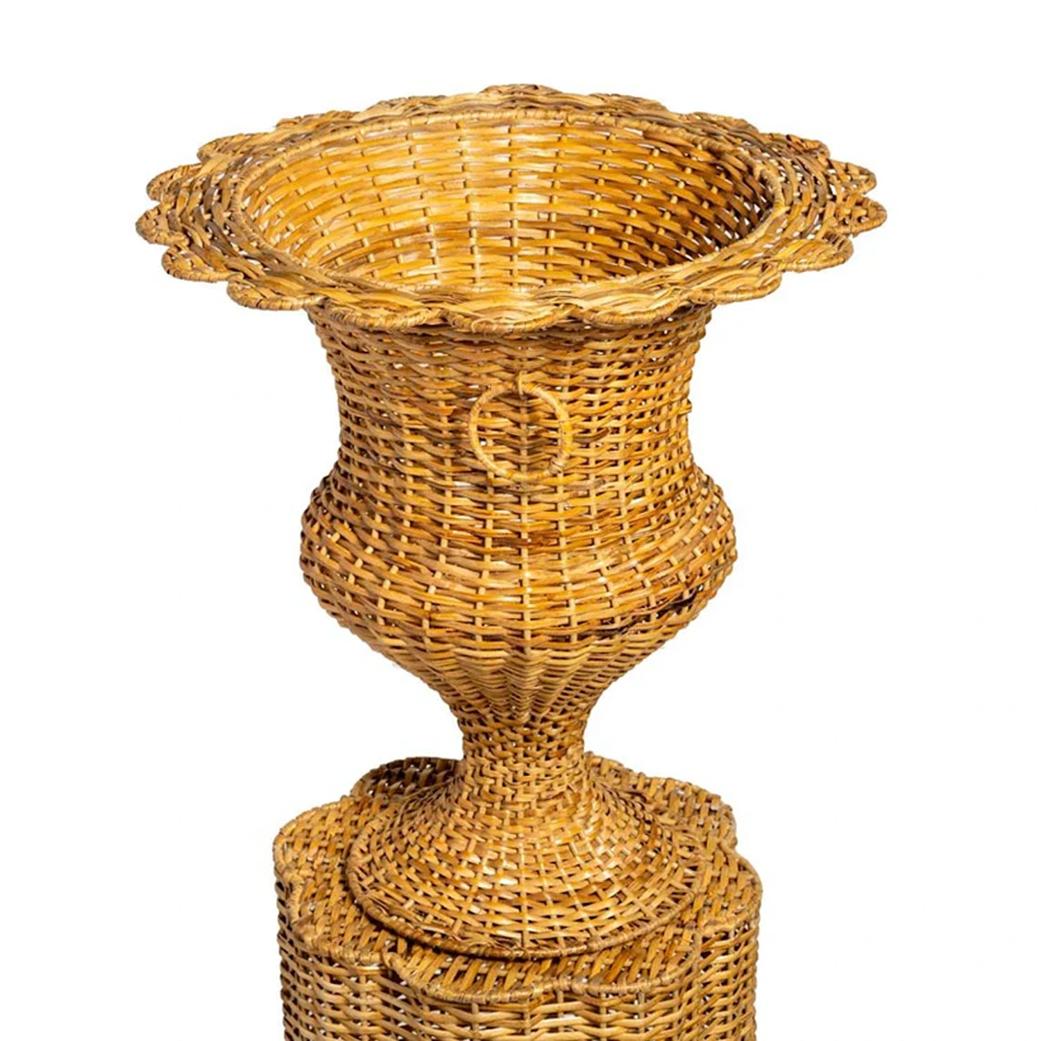 Round Scalloped Wicker Urn and Pedestal