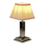 Rechargeable Table Lamp – Silver Square Base, Pink Trim Pleated Shade