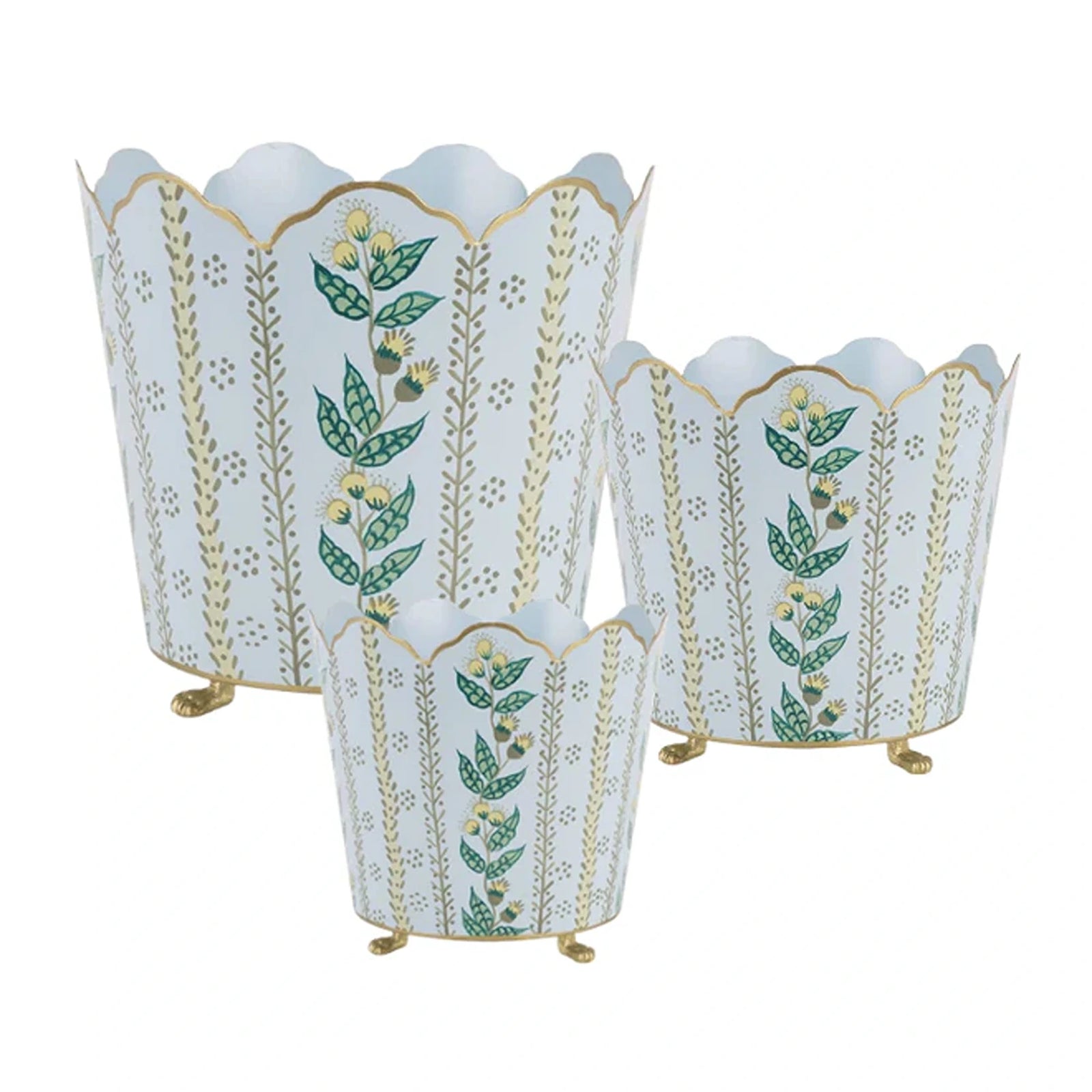 Pale Blue & Gold Floral Bucket Planter (3 Sizes)