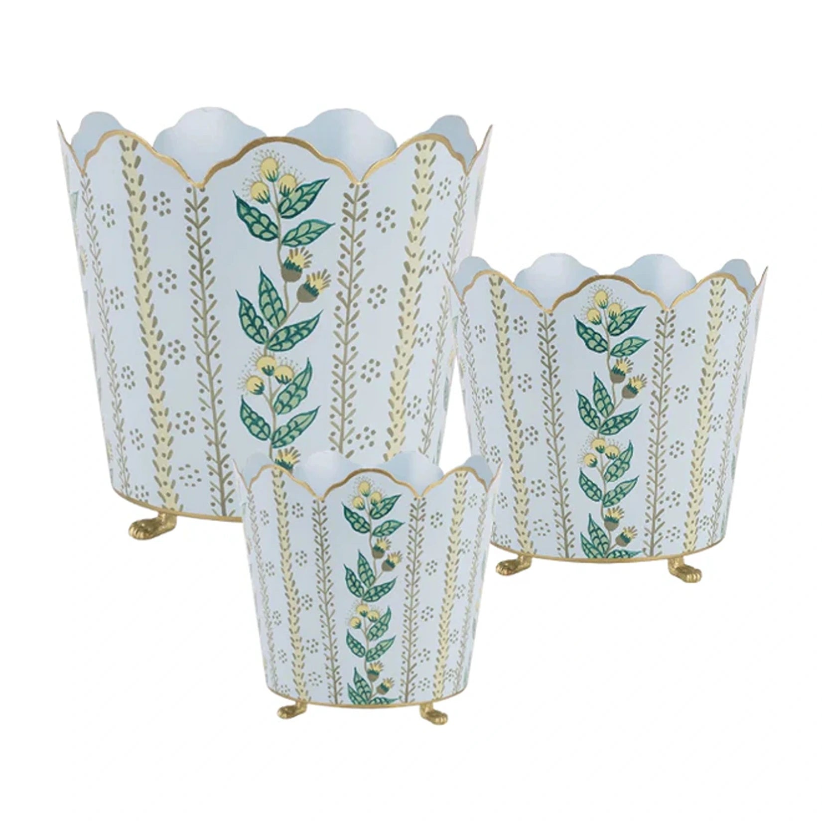Pale Blue & Gold Floral Bucket Planter (3 Sizes)