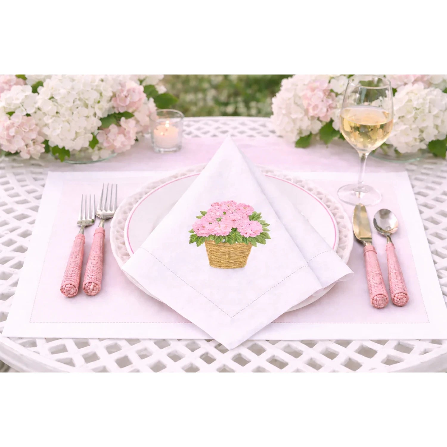 Set of 4 Pink Hydrangea Embroidered Dinner Napkins