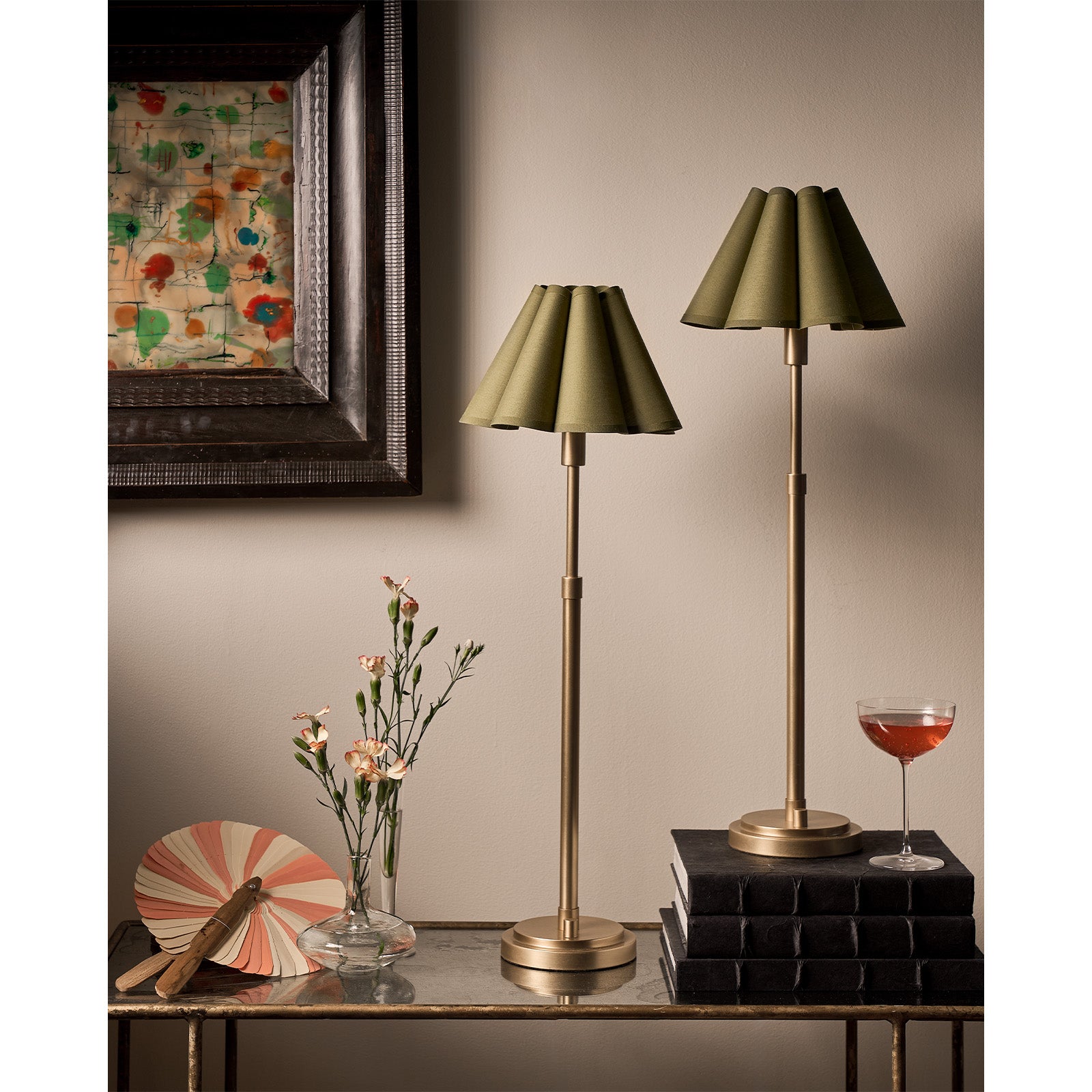 Polly Buffet Lamp (Natural Brass with Green Scalloped Shade)