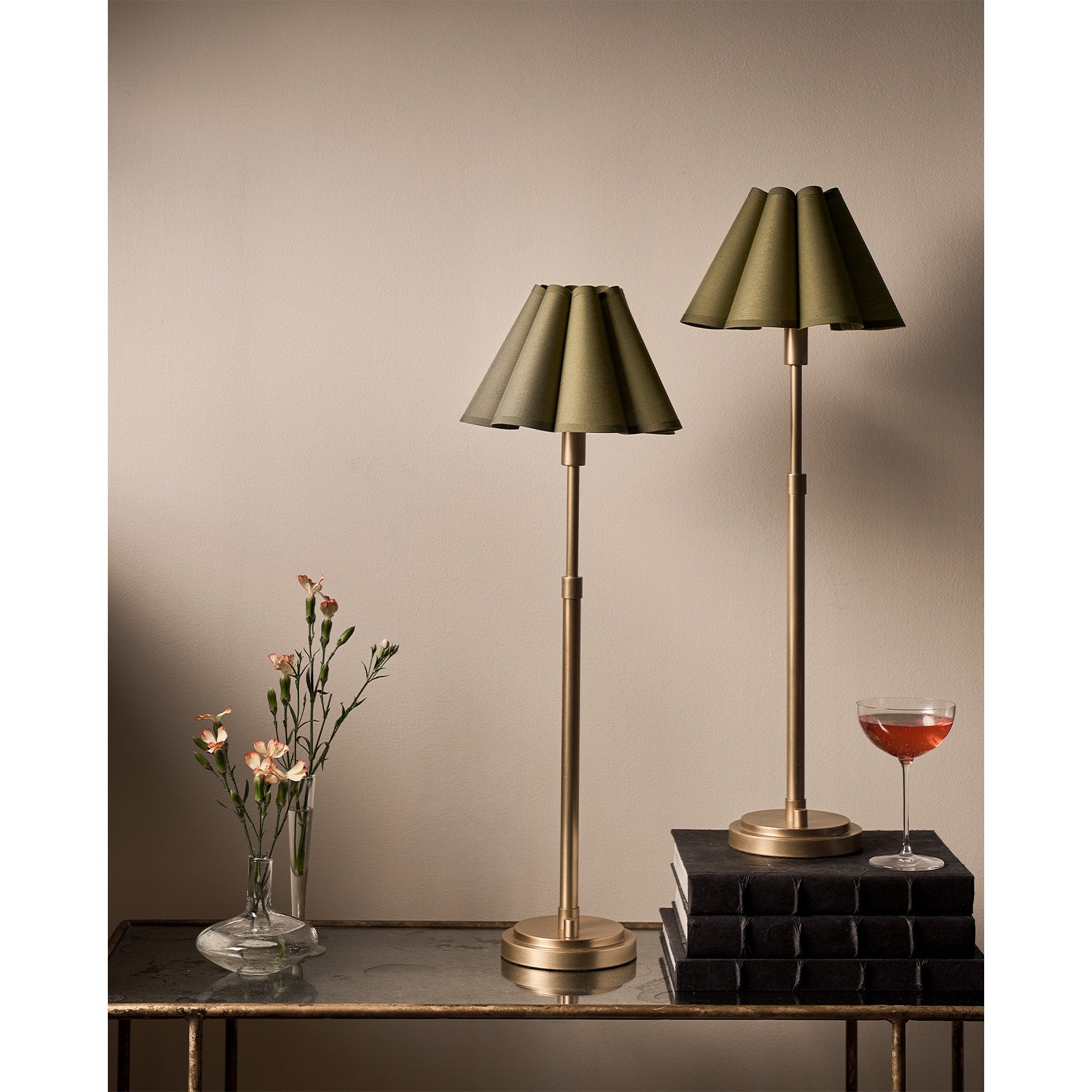 Polly Buffet Lamp (Natural Brass with Green Scalloped Shade)