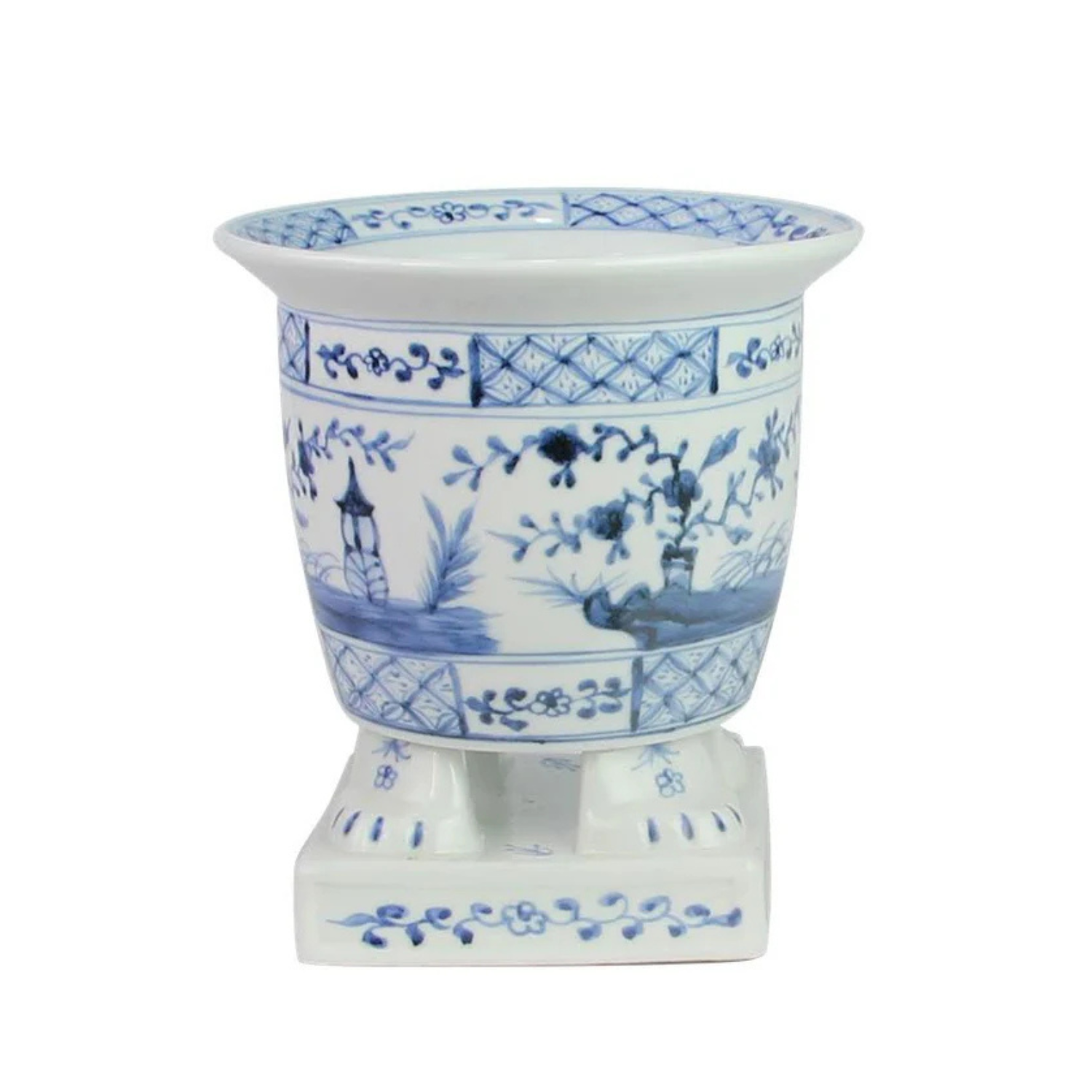 Light Blue Footed Village Scene Planter