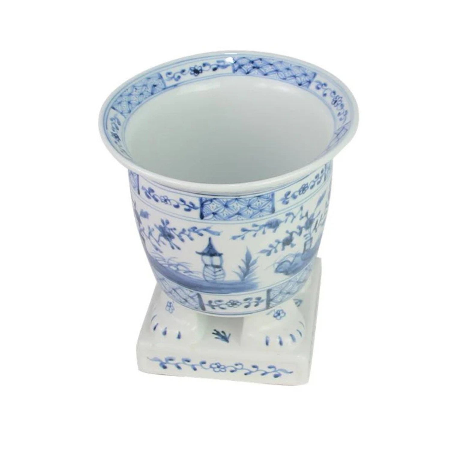 Light Blue Footed Village Scene Planter