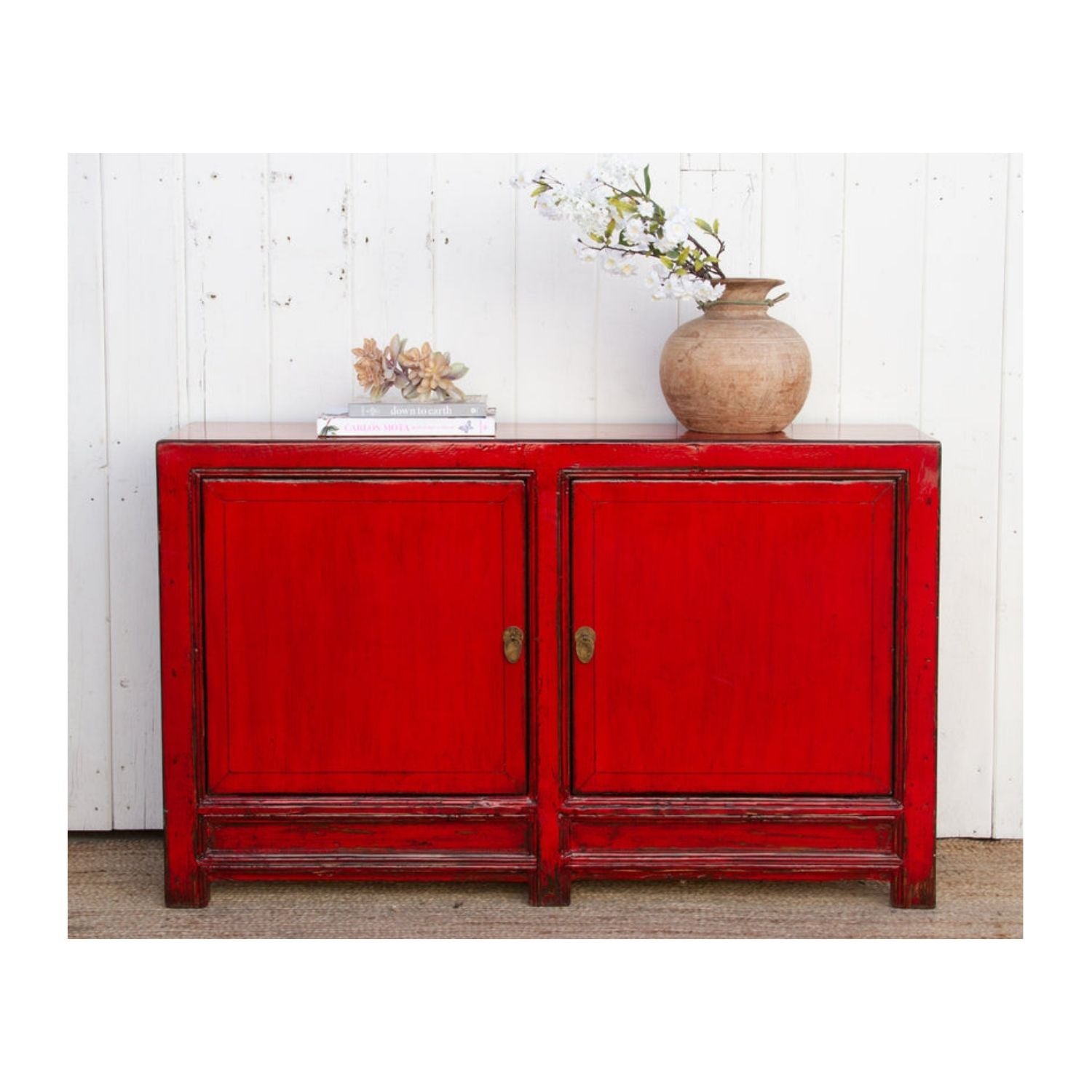 Asian Poppy Red Painted Cabinet