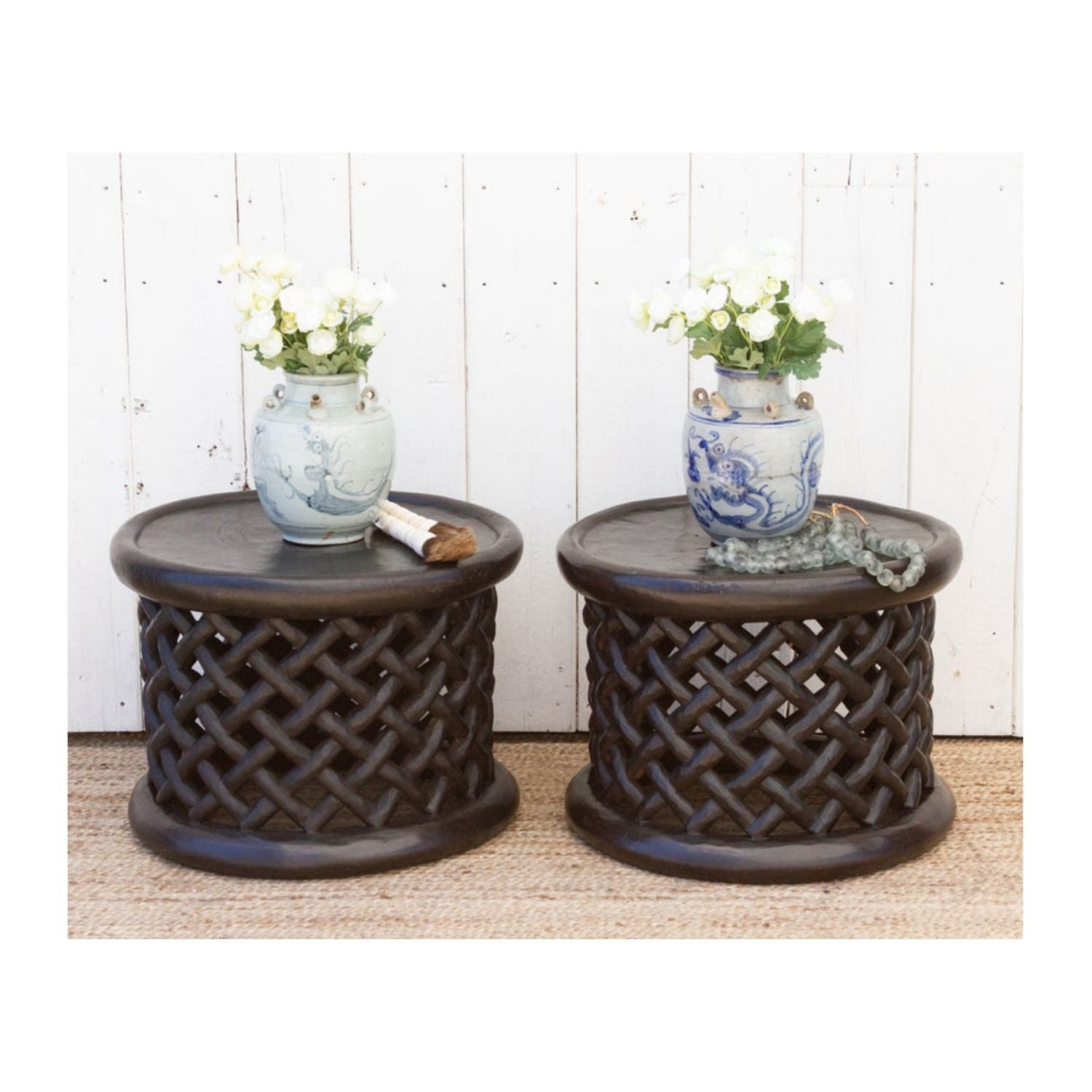 Rustic Carved African Bamileke Side Tables, Pair