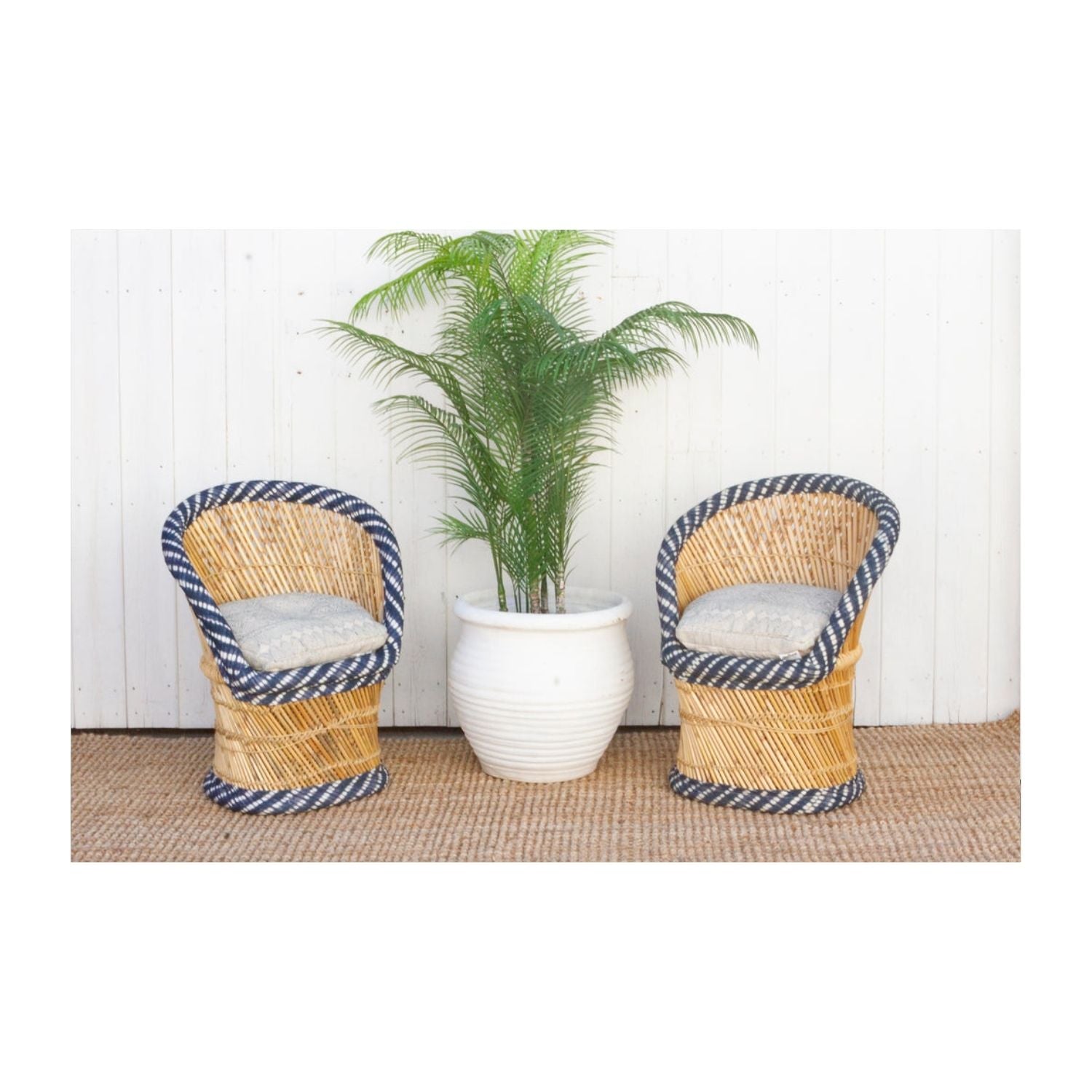 Pair Of Blue & White Bamboo Chairs