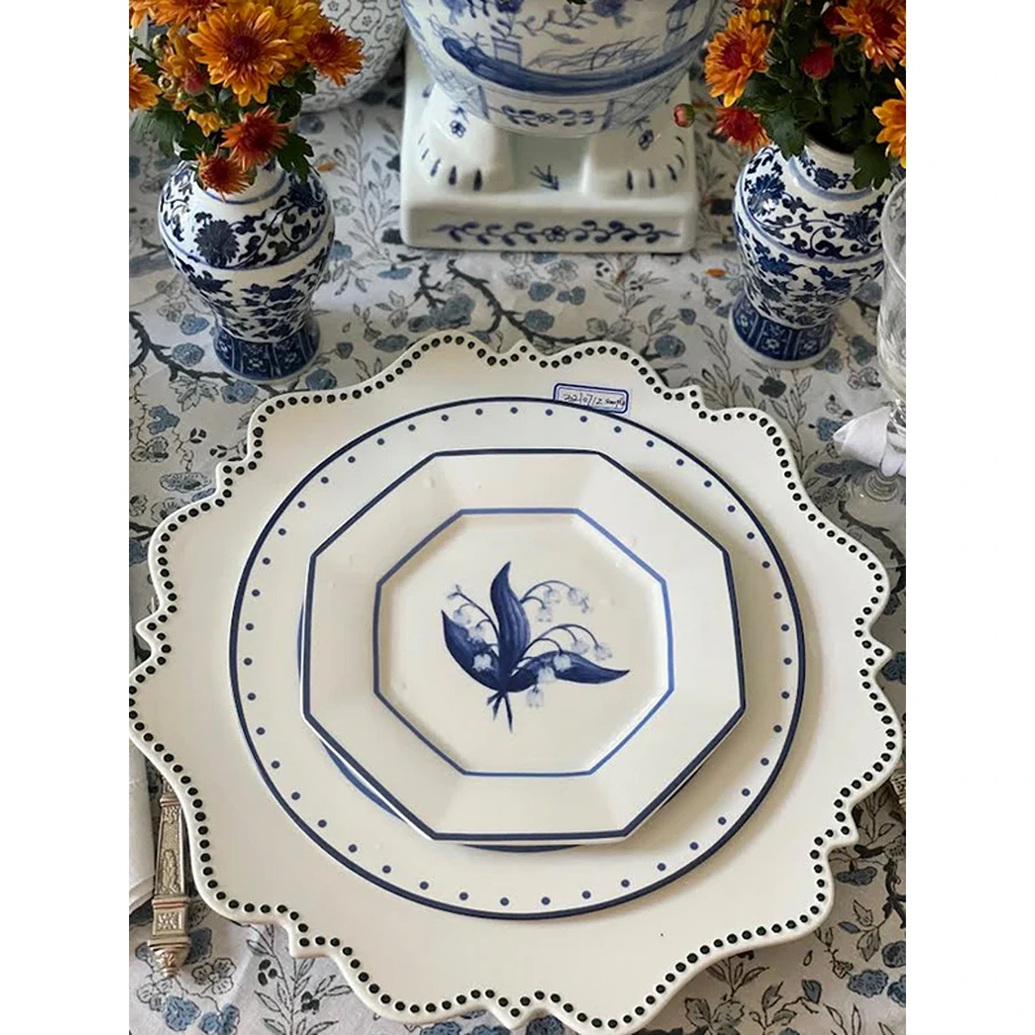 Ivory with Navy Beaded Scalloped Charger