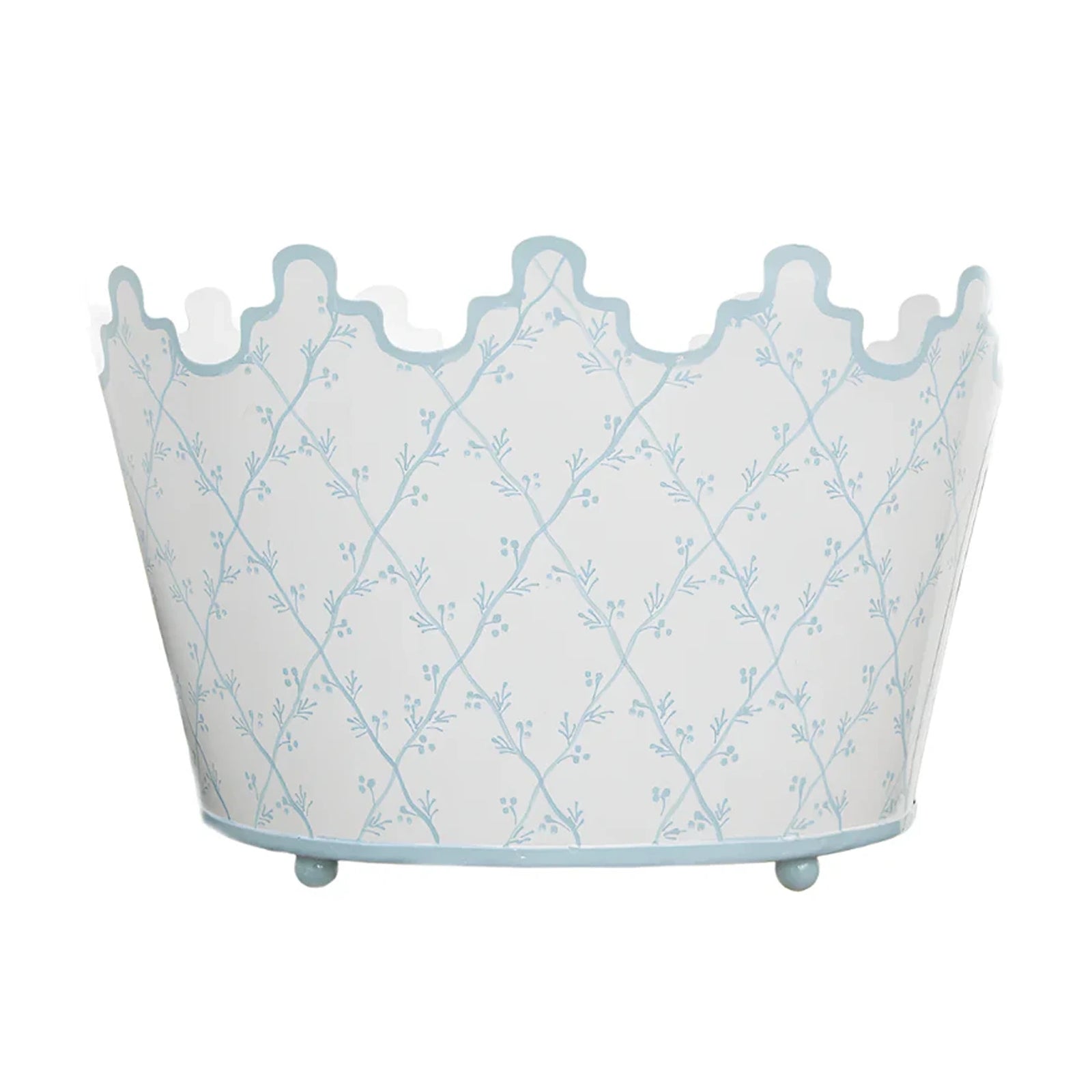 White & Pale Blue Trellis Scalloped Footed Planter