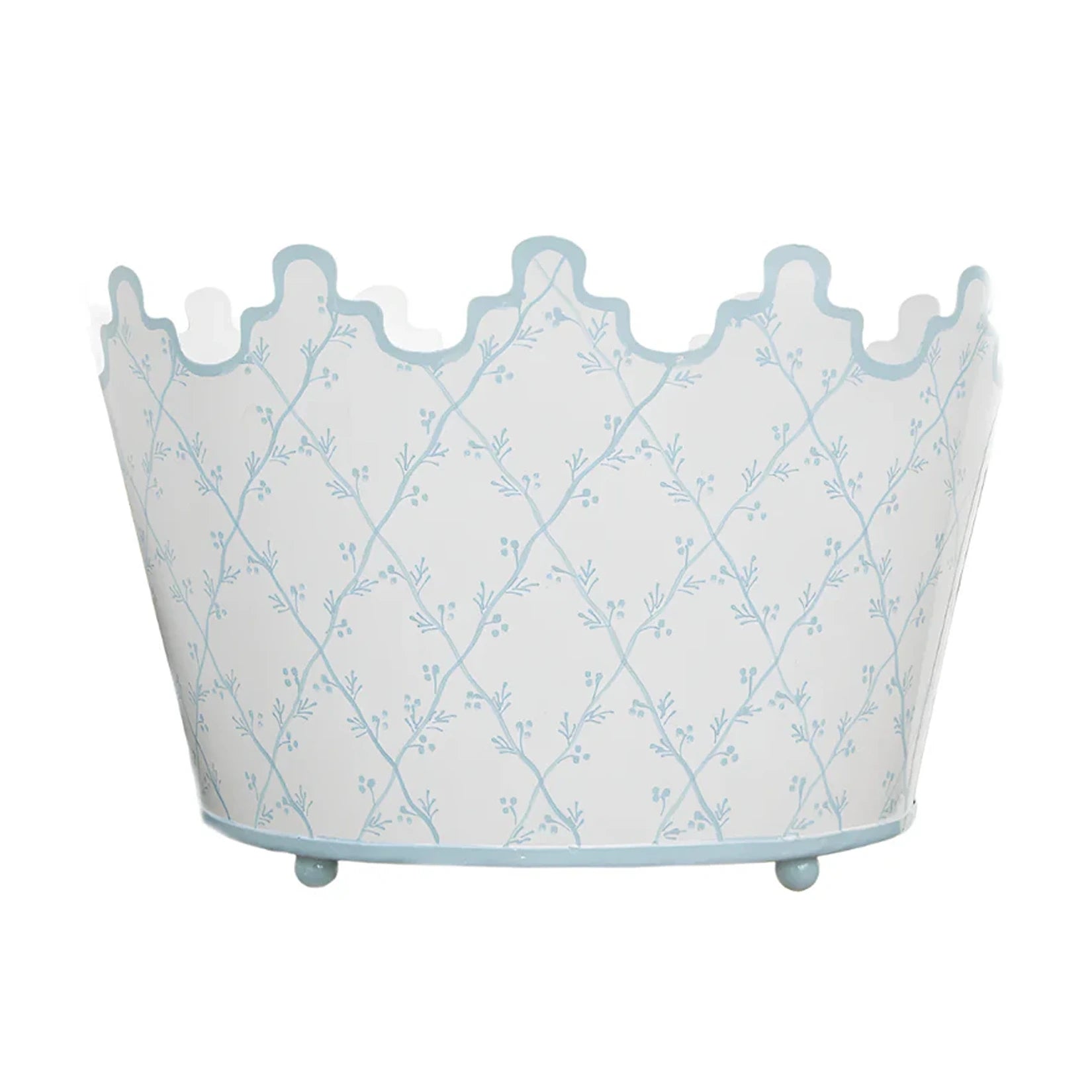 White & Pale Blue Trellis Scalloped Footed Planter