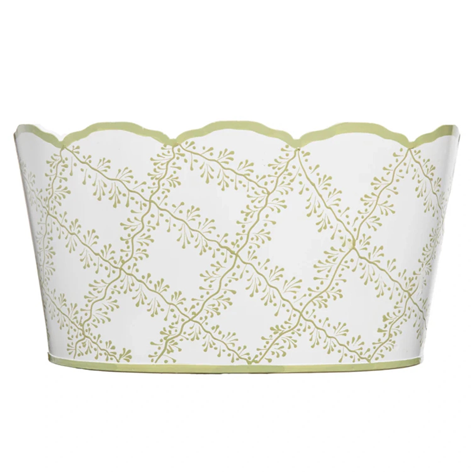White & Green Trellis Scalloped Planter