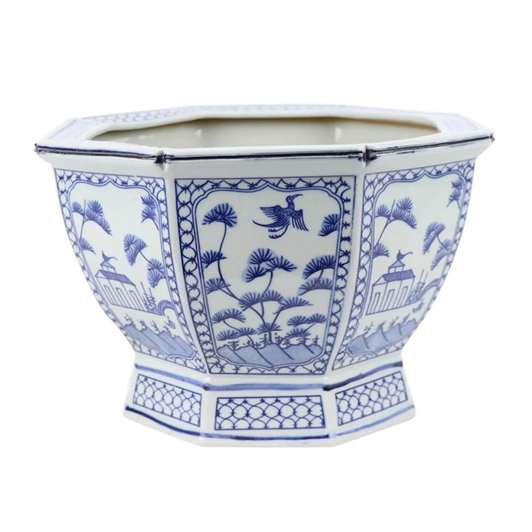 Mid Size Soft Blue Floral and Village Hexagon Planter