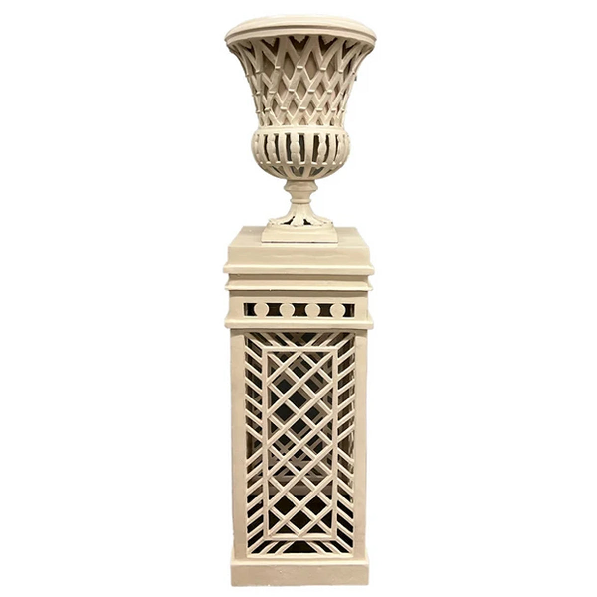 Bisque Cast Aluminum Fretwork Urn and Pedestal (2 Options)