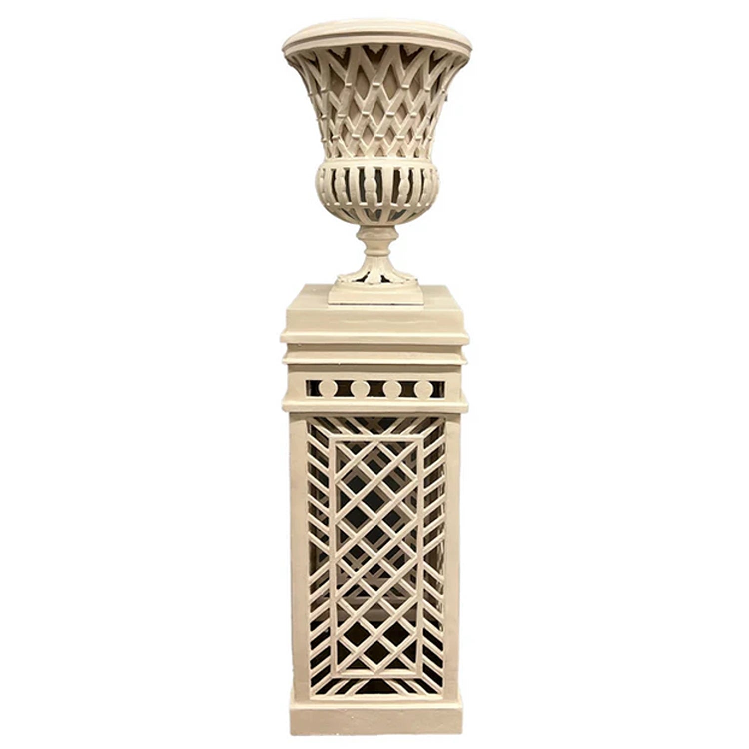 Bisque Cast Aluminum Fretwork Urn And Pedestal