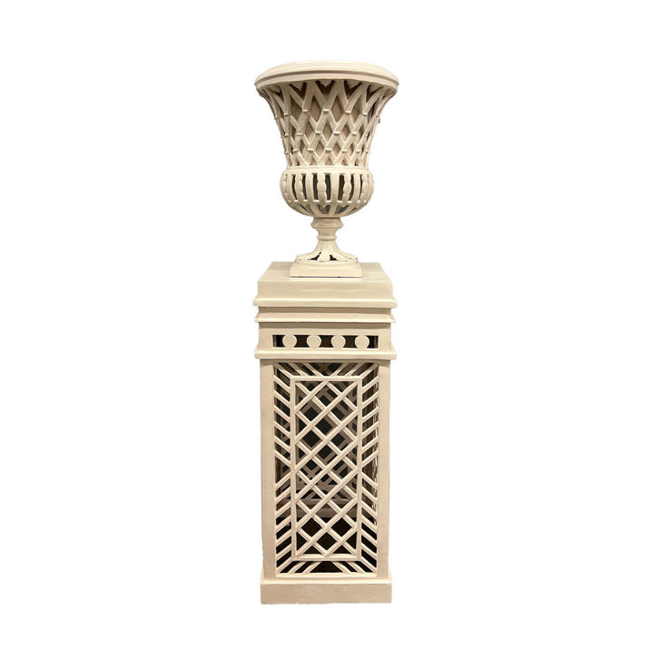 Bisque Cast Aluminum Fretwork Urn and Pedestal
