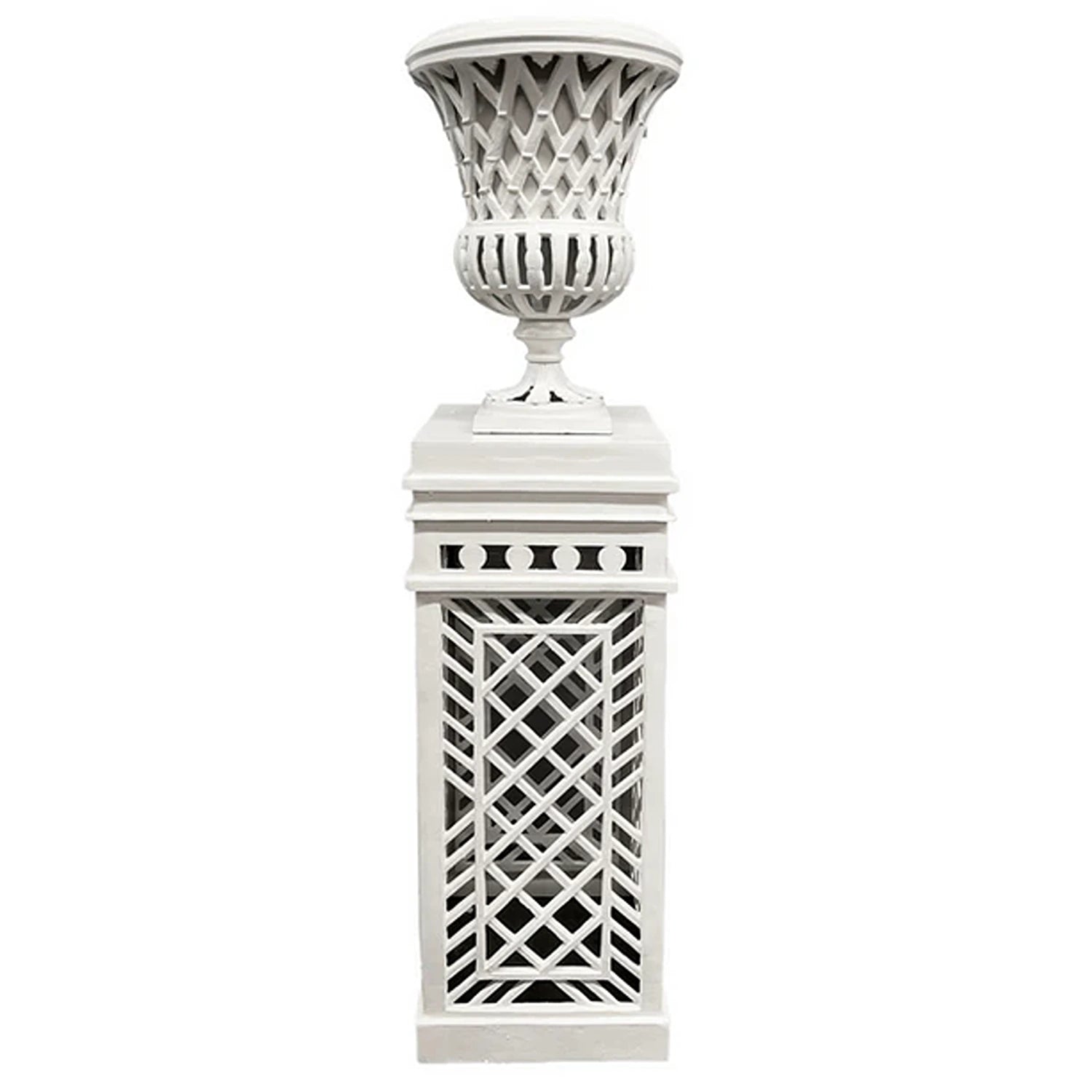 White Cast Aluminum Fretwork Urn And Pedestal