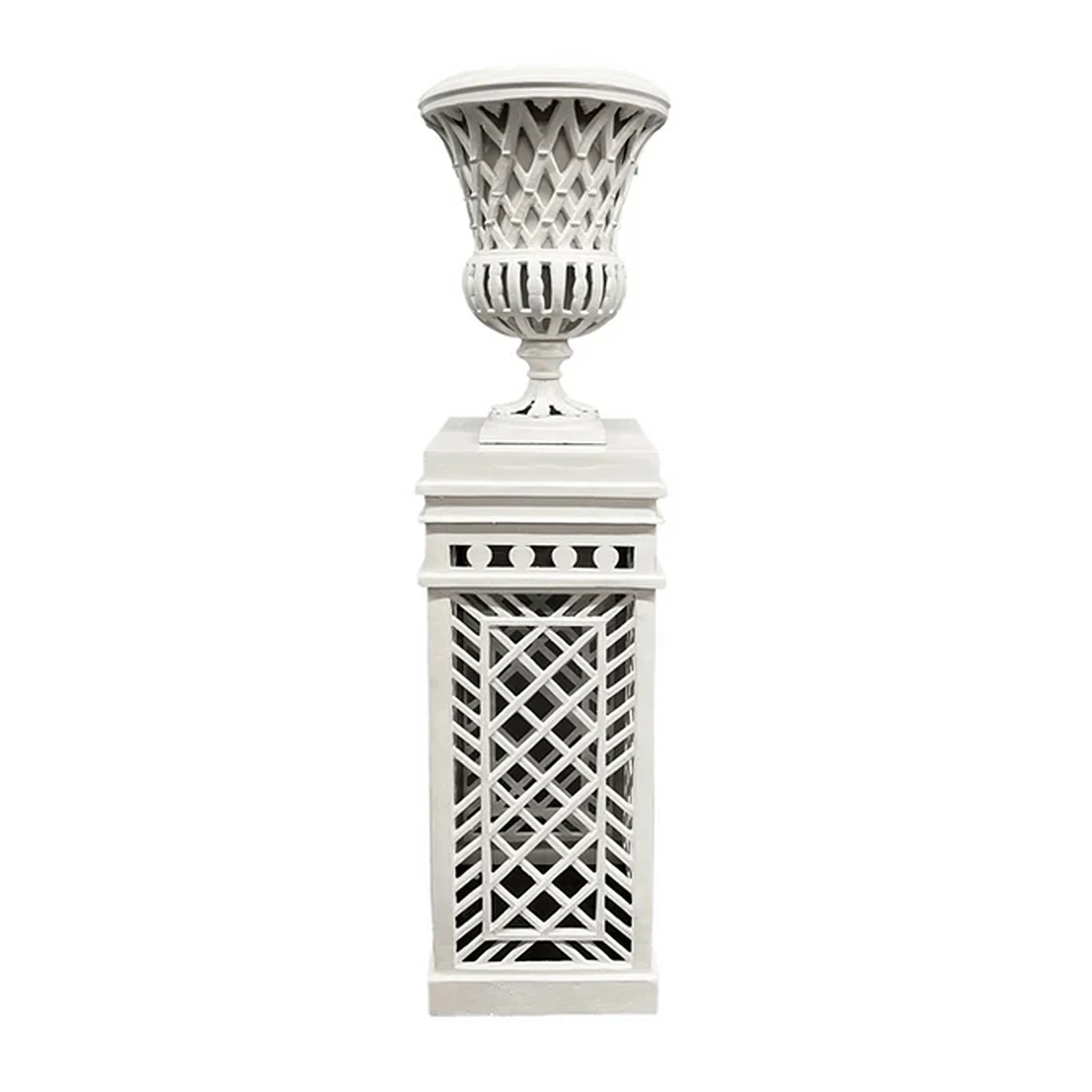 White Cast Aluminum Fretwork Urn And Pedestal