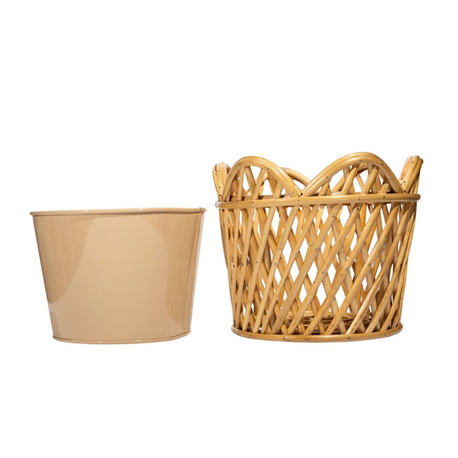 Natural Round Scalloped Lattice Rattan Planter