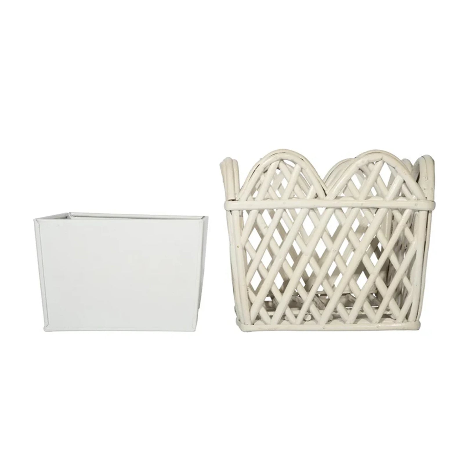 White Square Scalloped Lattice Rattan Planter