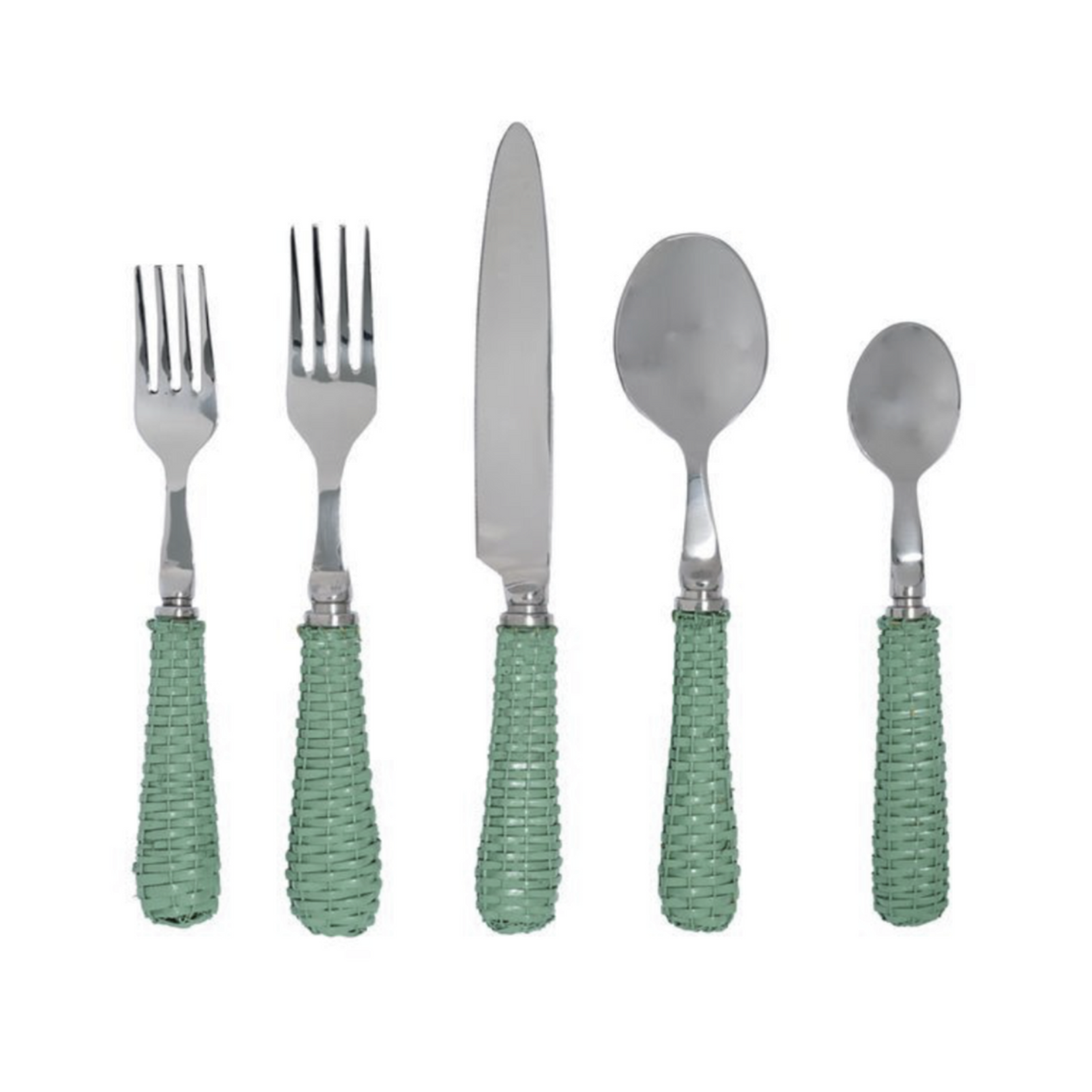 Soft Green Basketweave Five Piece Flatware Set