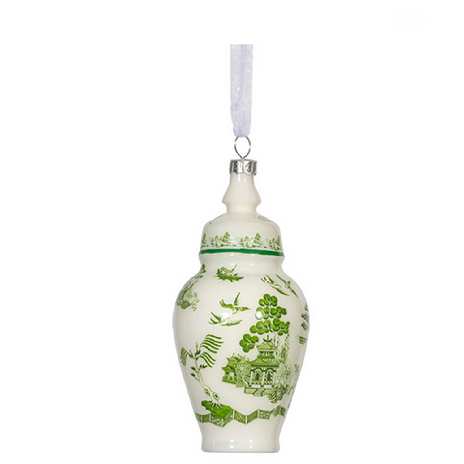 Green & White Pagoda Scene Jar Ornament