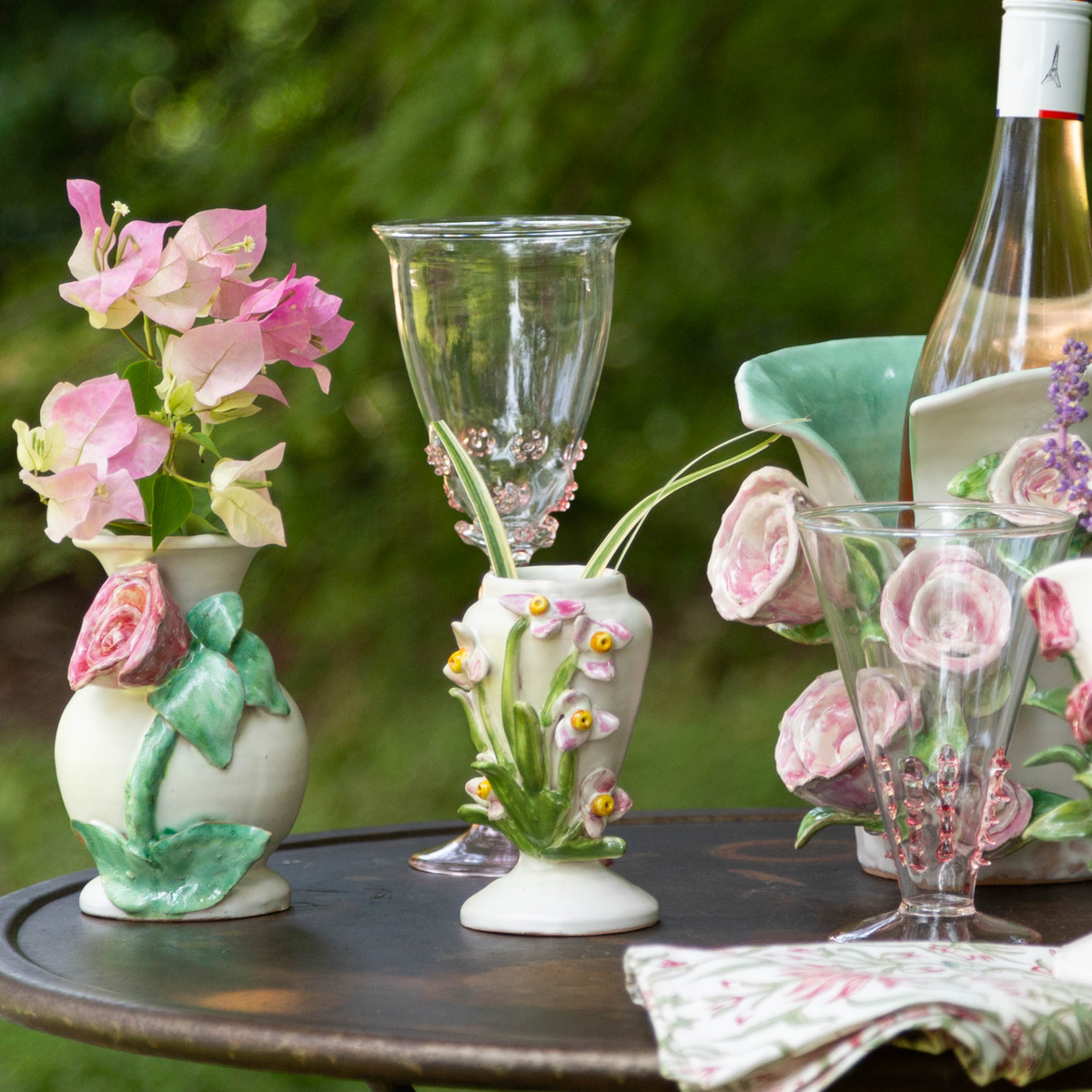Small White Vase with Pink and Yellow Flowers