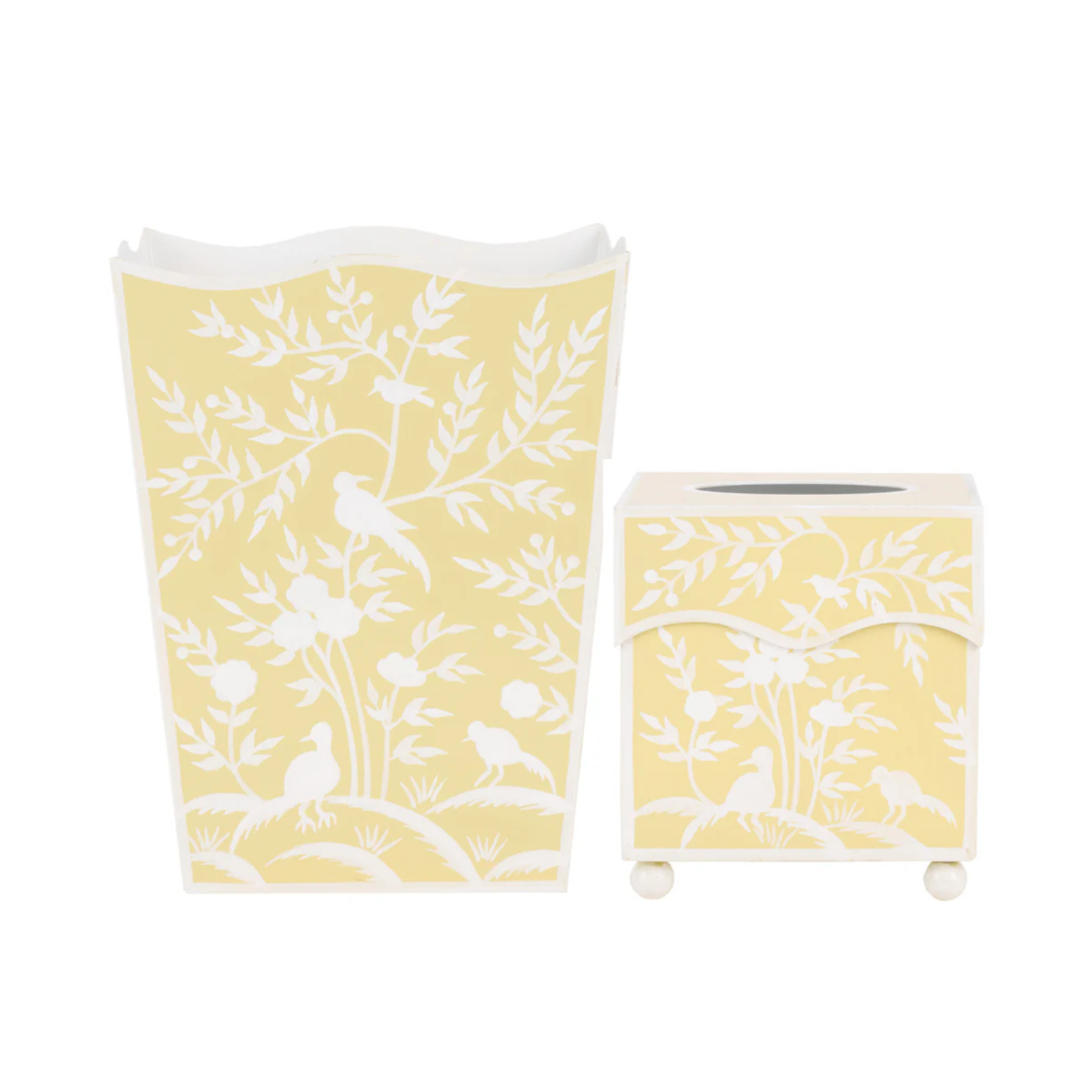 Yellow Bird & Vine Wastepaper Basket & Tissue Holder