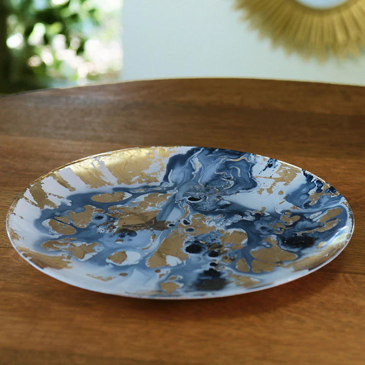 GLASS New Orleans Large Round Painted Platter (Blue & Gold)