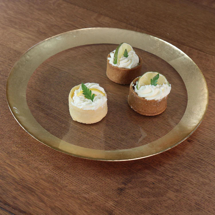 GLASS New Orleans Large Round Platter |Charger with Foil Leafing Rim (Clear & Gold)