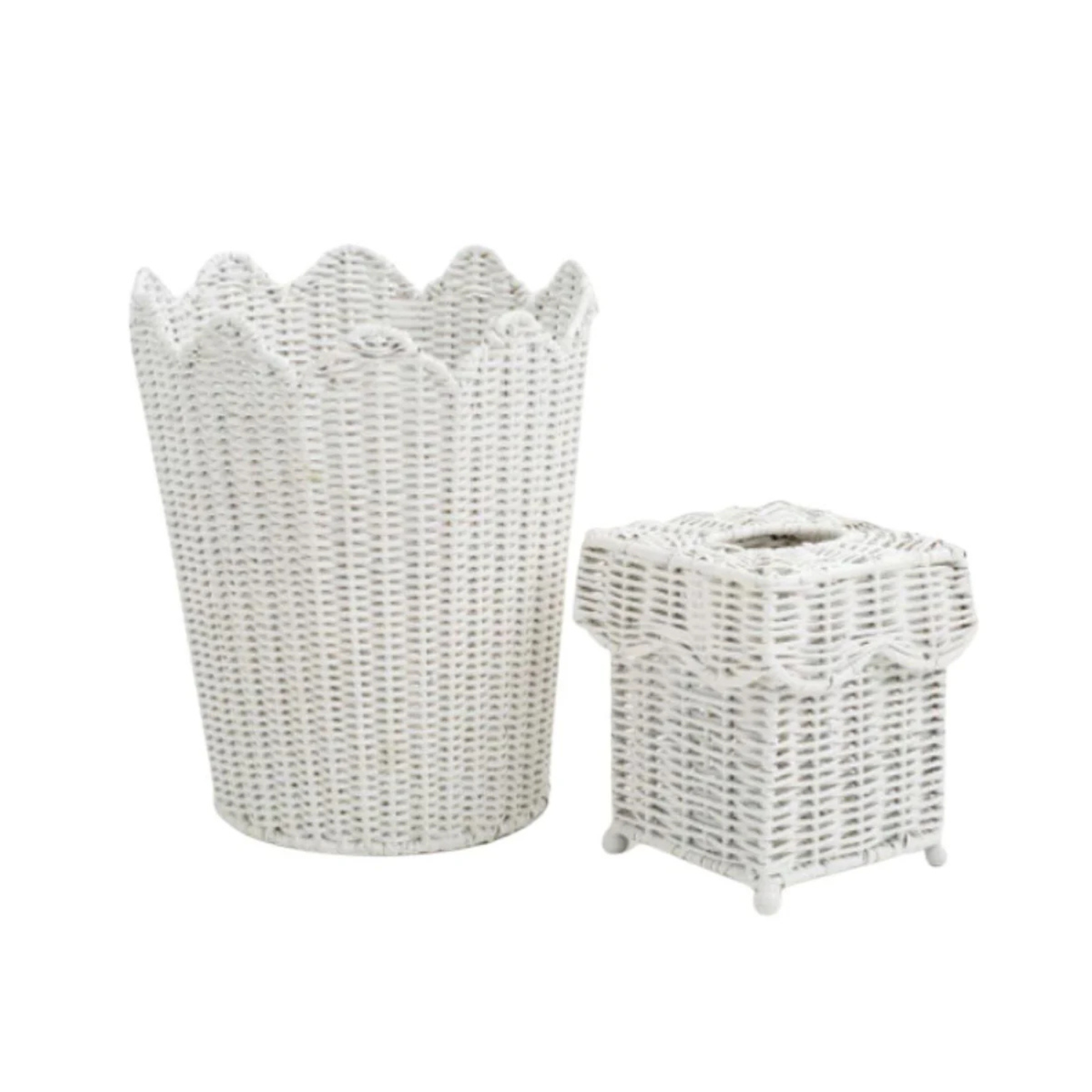 White Scalloped Wicker Wastepaper Basket & Tissue Holder
