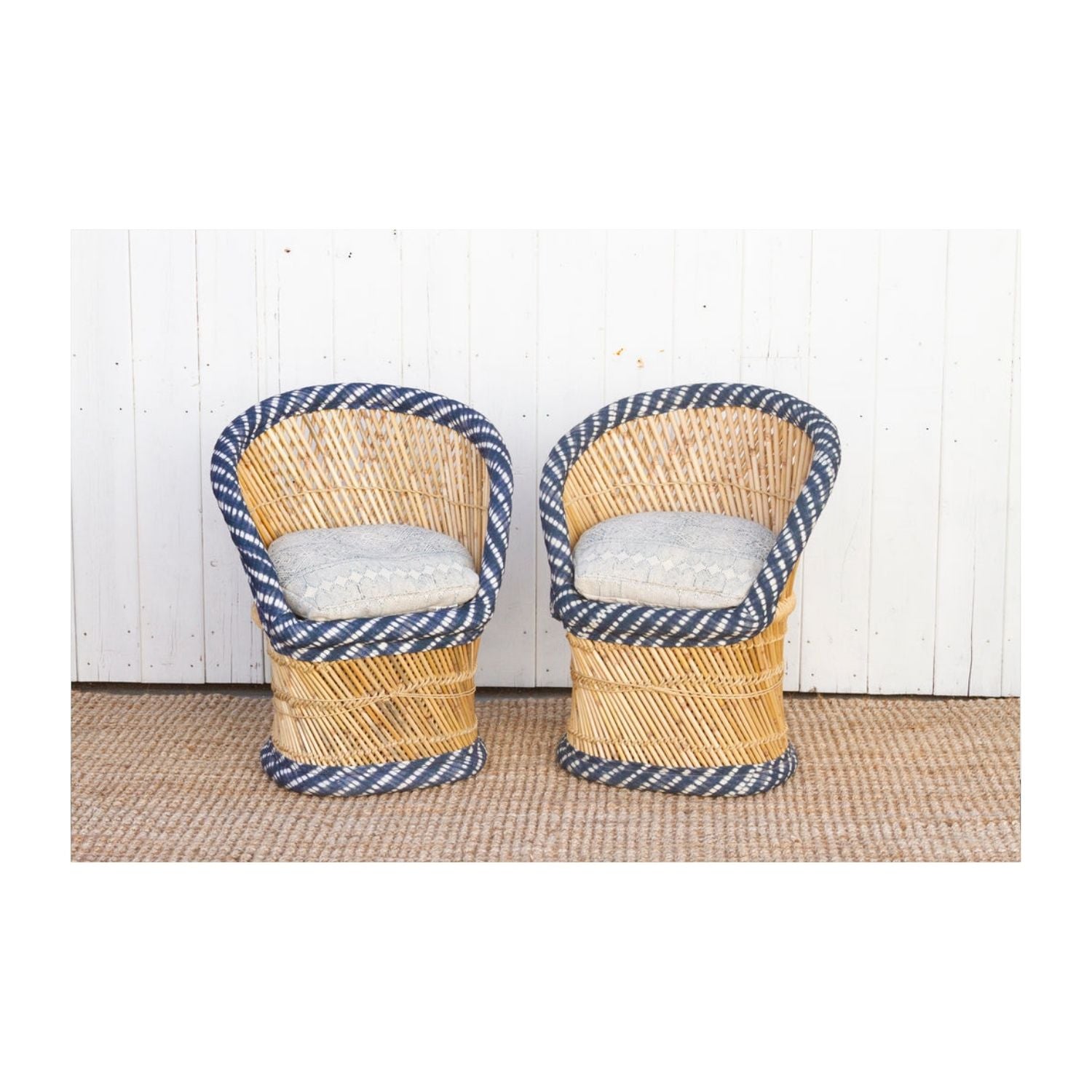 Pair Of Blue & White Bamboo Chairs