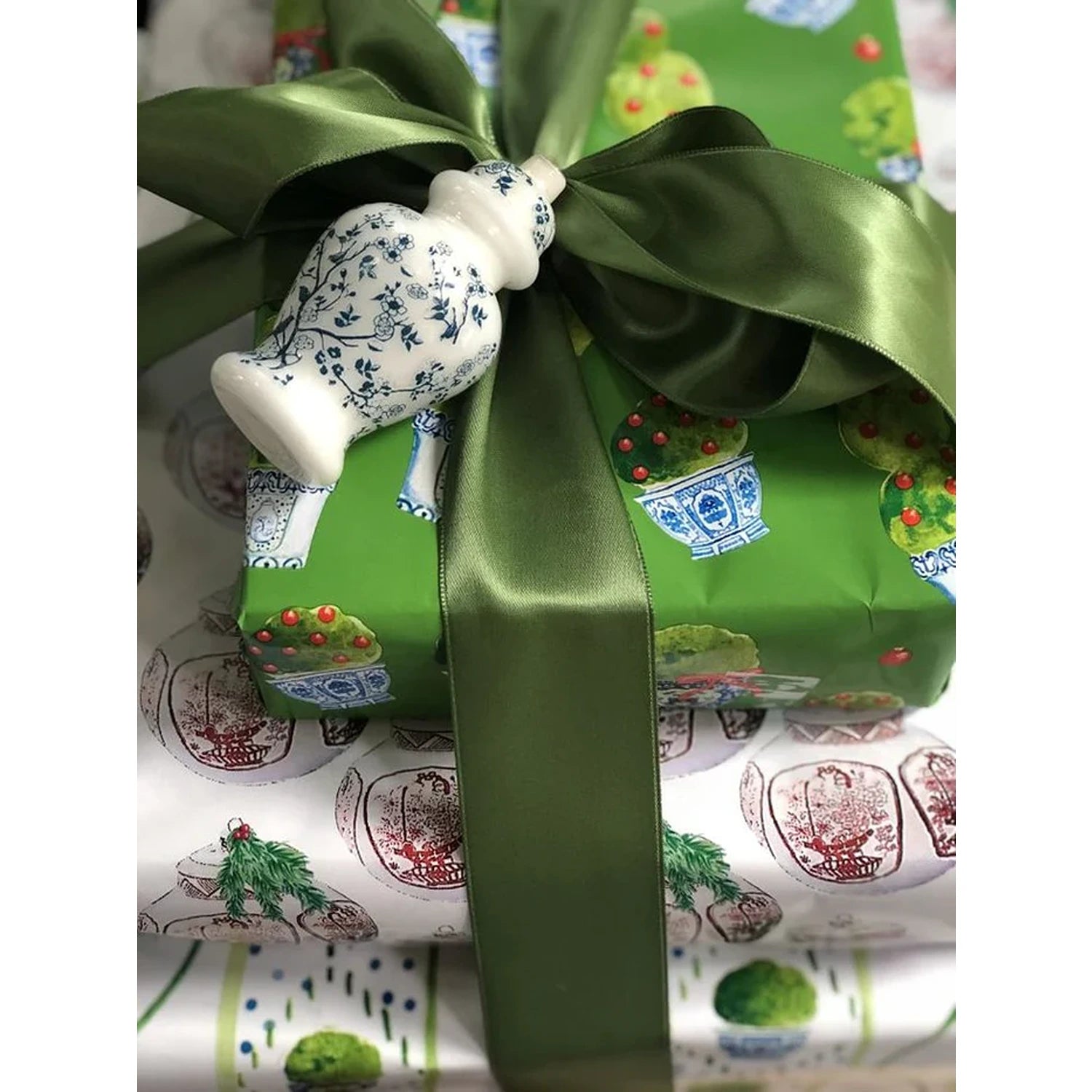 Reversible Green Topiary and Green Boxwood Gift Wrap