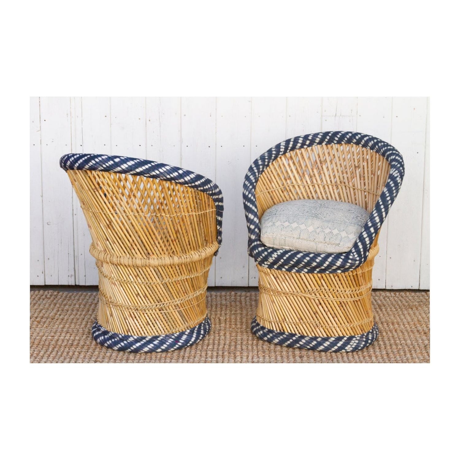 Pair Of Blue & White Bamboo Chairs