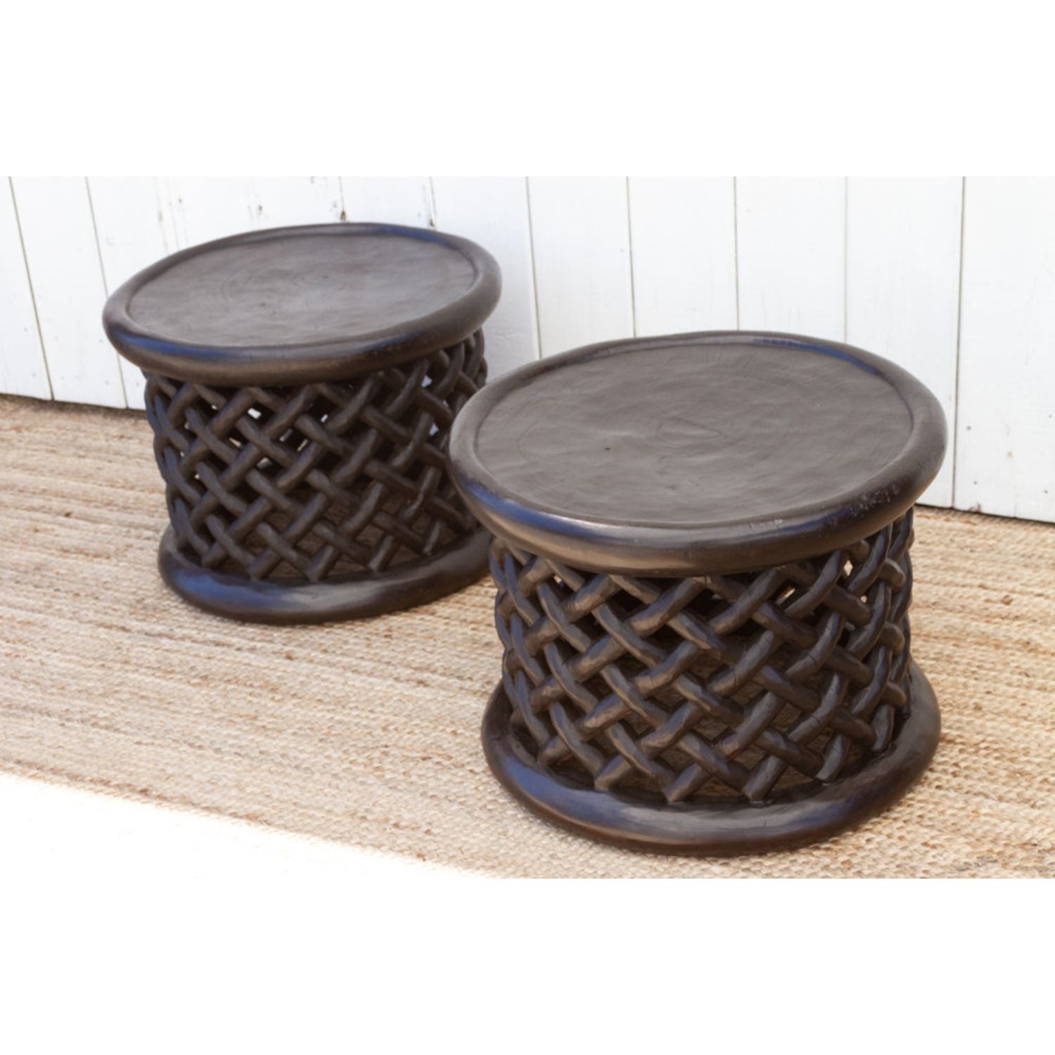 Rustic Carved African Bamileke Side Tables, Pair