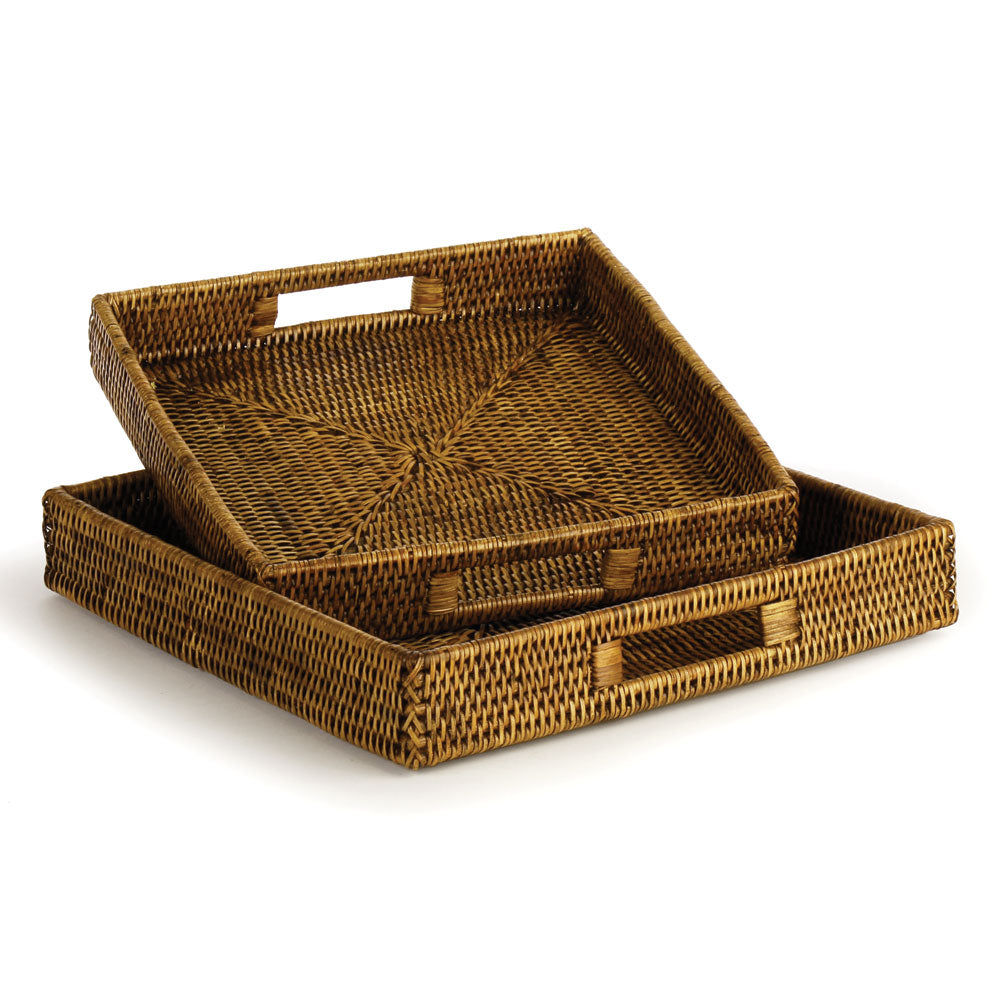 BURMA RATTAN SQUARE TABLE TRAYS, SET OF 2