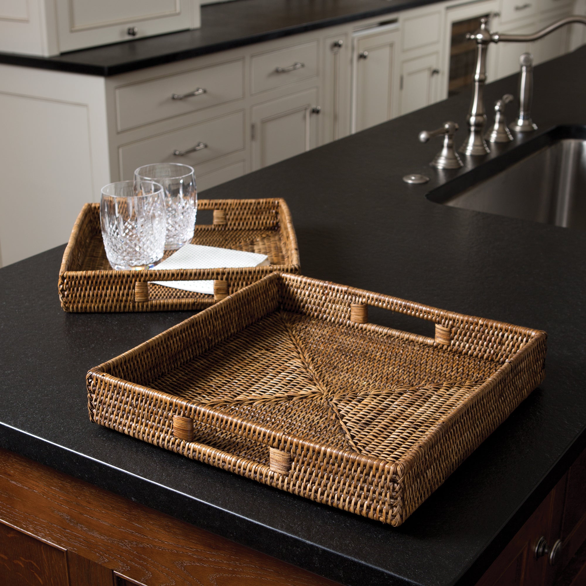 BURMA RATTAN SQUARE TABLE TRAYS, SET OF 2