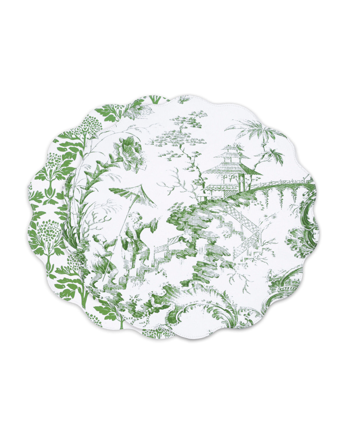 VIDA Chinoiserie Reversible Round Placemats Set of 4 (Green and White)