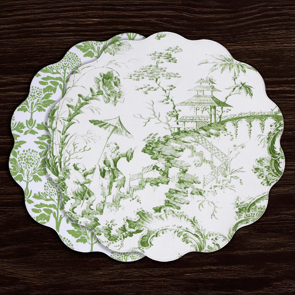 VIDA Chinoiserie Reversible Round Placemats Set of 4 (Green and White)