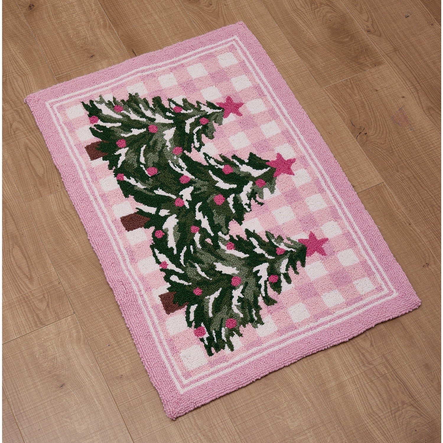 Whimsy Pink Checkered Christmas Tree Hook Rug