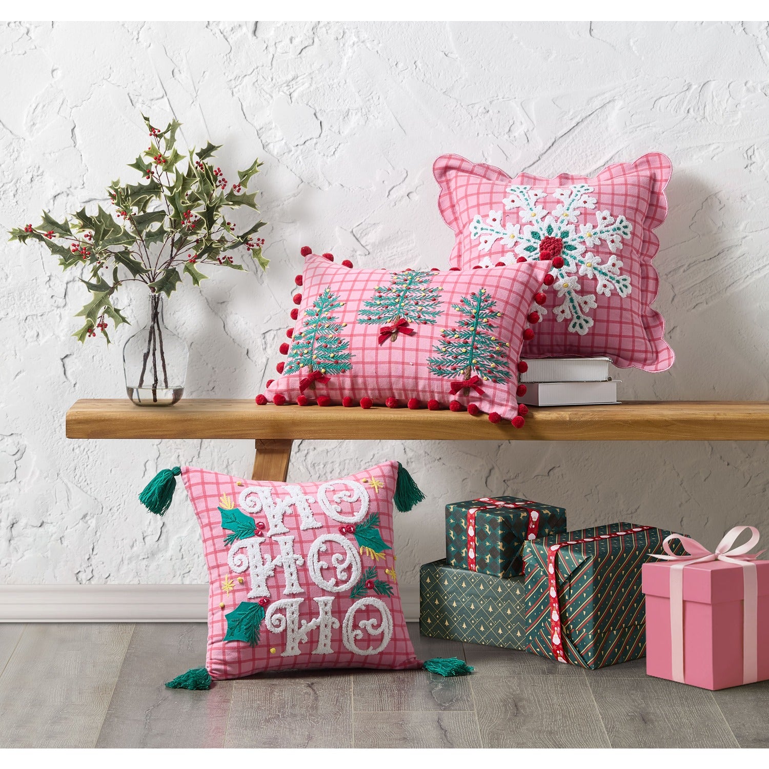 Pink Plaid Trees w/ Poms Poly Filled Pillow