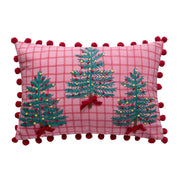Pink Plaid Trees w/ Poms Poly Filled Pillow